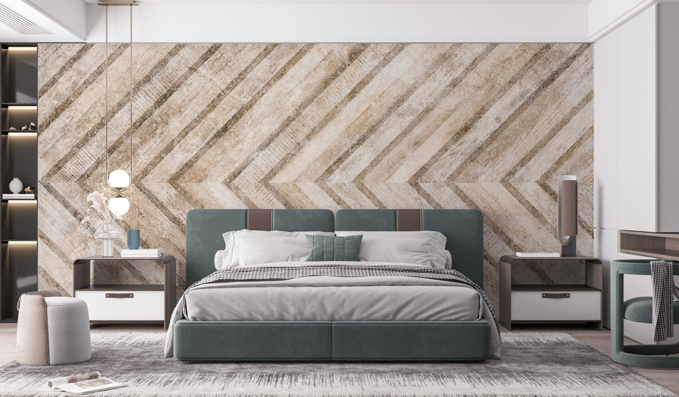 Vintage stone wallpaper mural with beige chevron texture design.