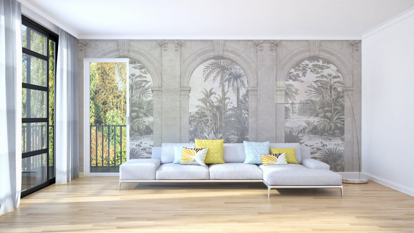 Minimalist living room featuring a grey vintage arched wall mural and white sofa.