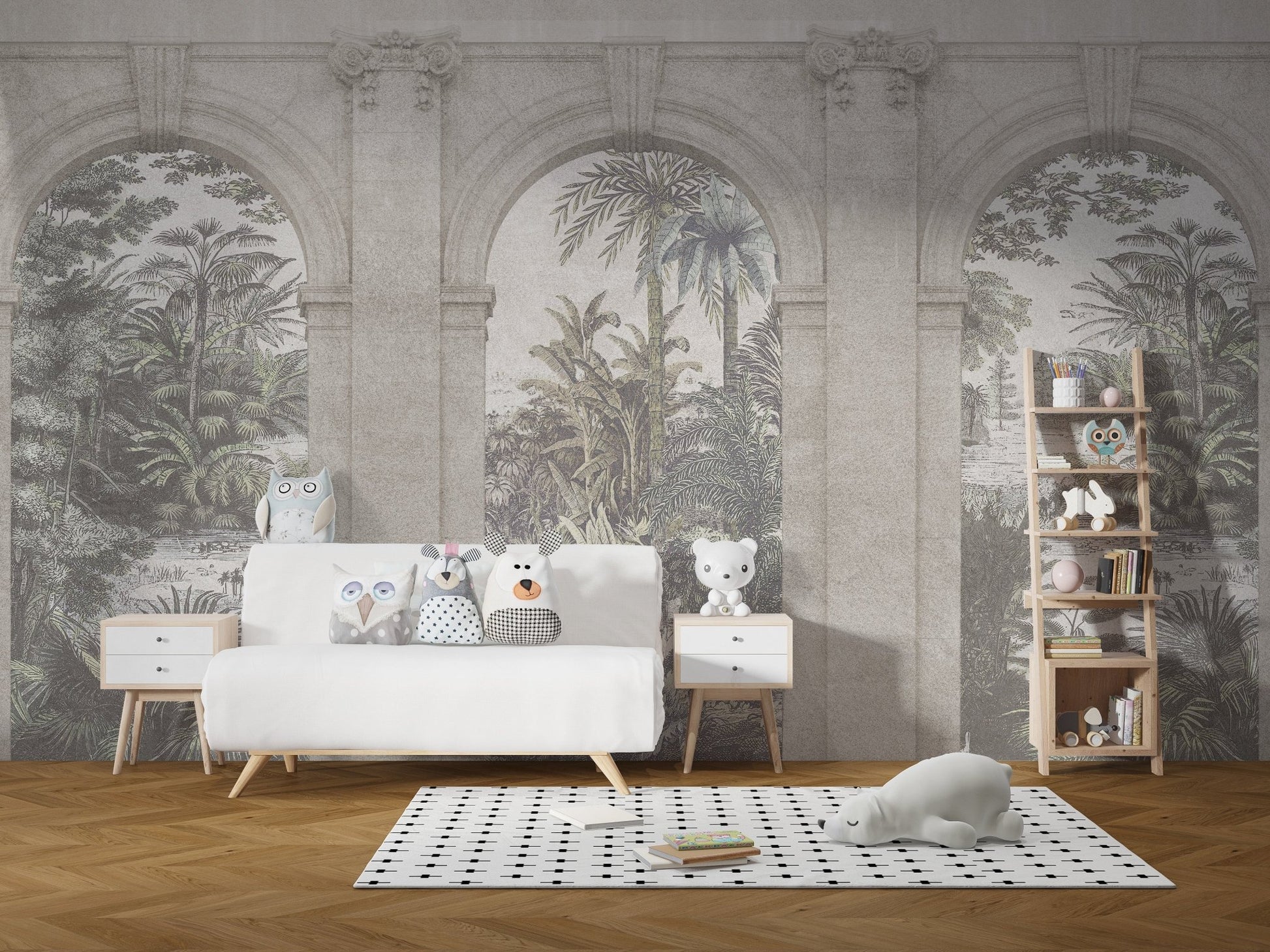 Playroom wall mural featuring vintage tropical trees and white storage units.