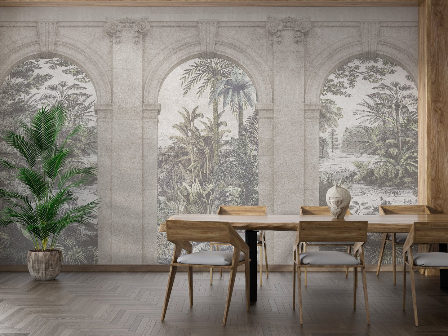 Dining room wall mural with grey stone textures and a wooden dining set.