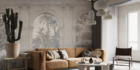 Brown leather couch against a vintage structure texture wall mural in living room.
