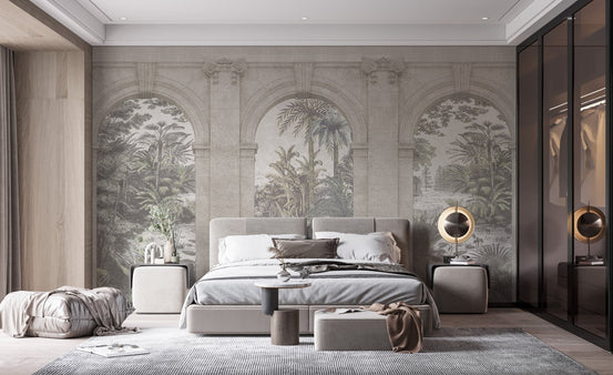 Vintage Structure Texture Wall Mural in a modern bedroom with grey bedding.