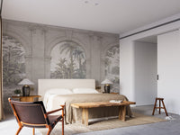Bedroom wall mural with vintage texture and a wooden bench at the bed foot.