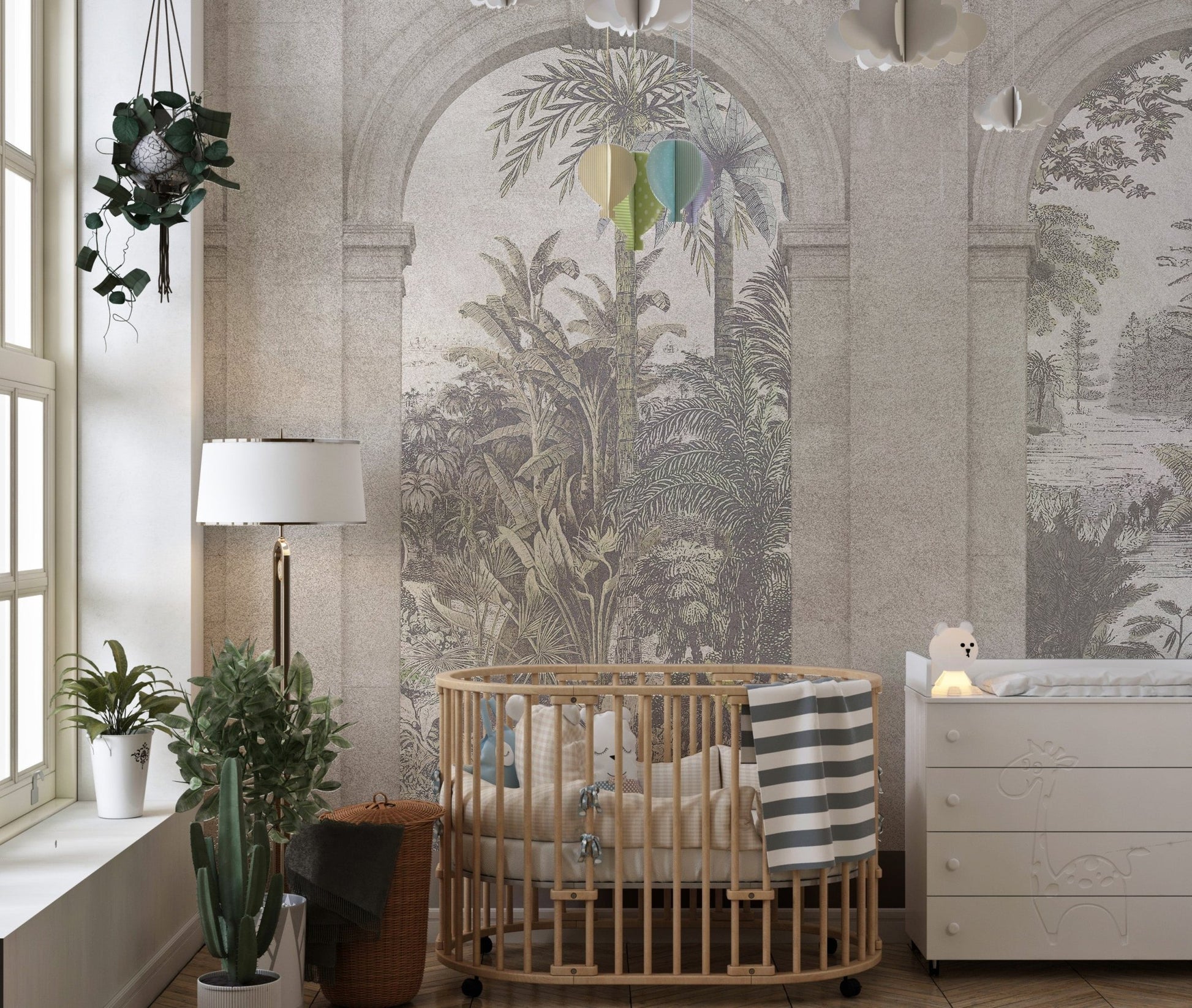Nursery room wall mural with vintage arched patterns and a wooden crib.