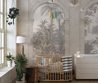 Nursery room wall mural with vintage arched patterns and a wooden crib.