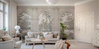 Grey texture wall mural with architectural arches behind a white fabric sofa.