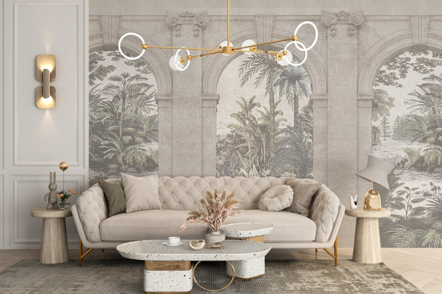 Neutral living room wall mural with a vintage structure and gold lamps.