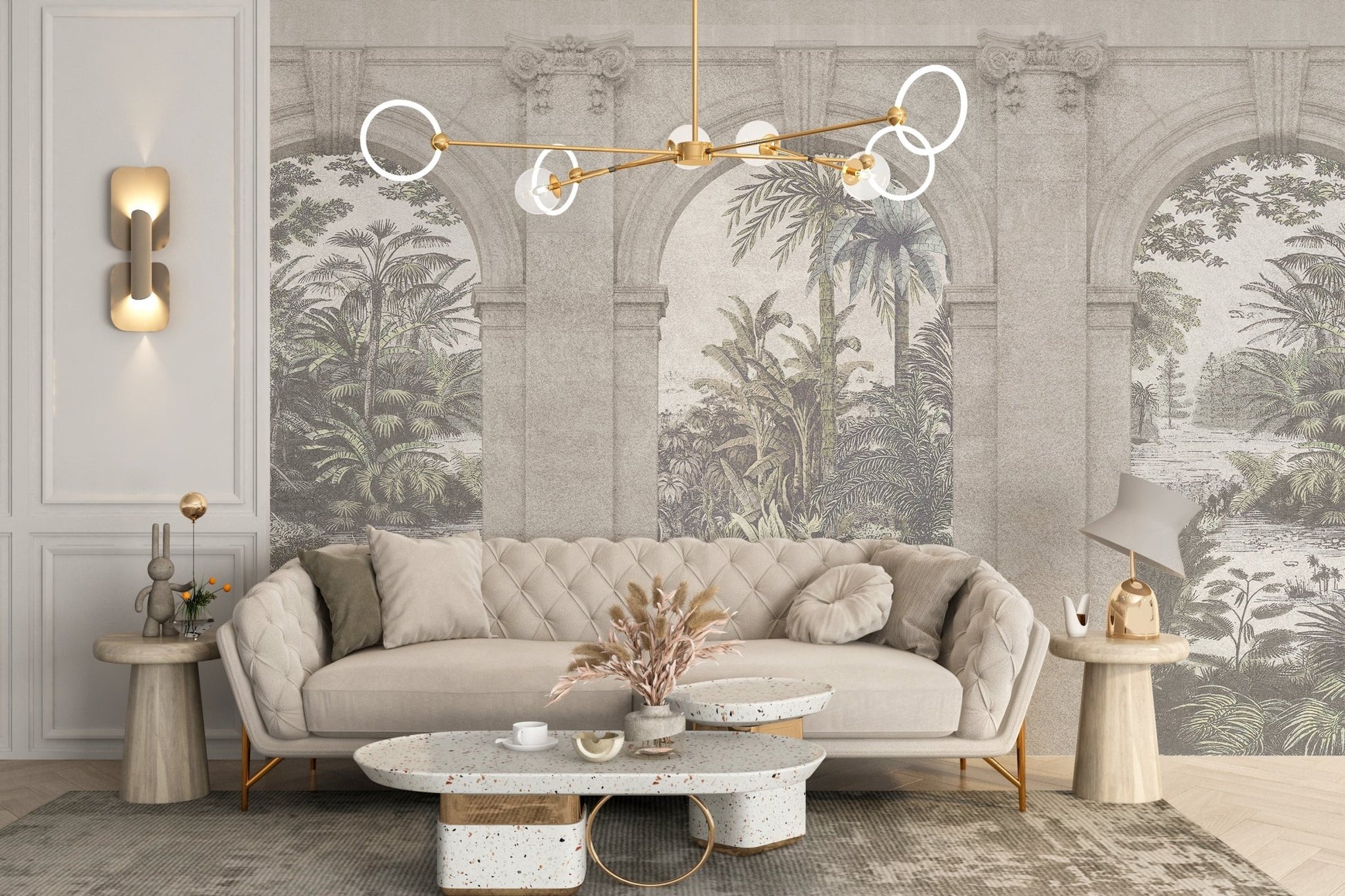 Neutral living room wall mural with a vintage structure and gold lamps.