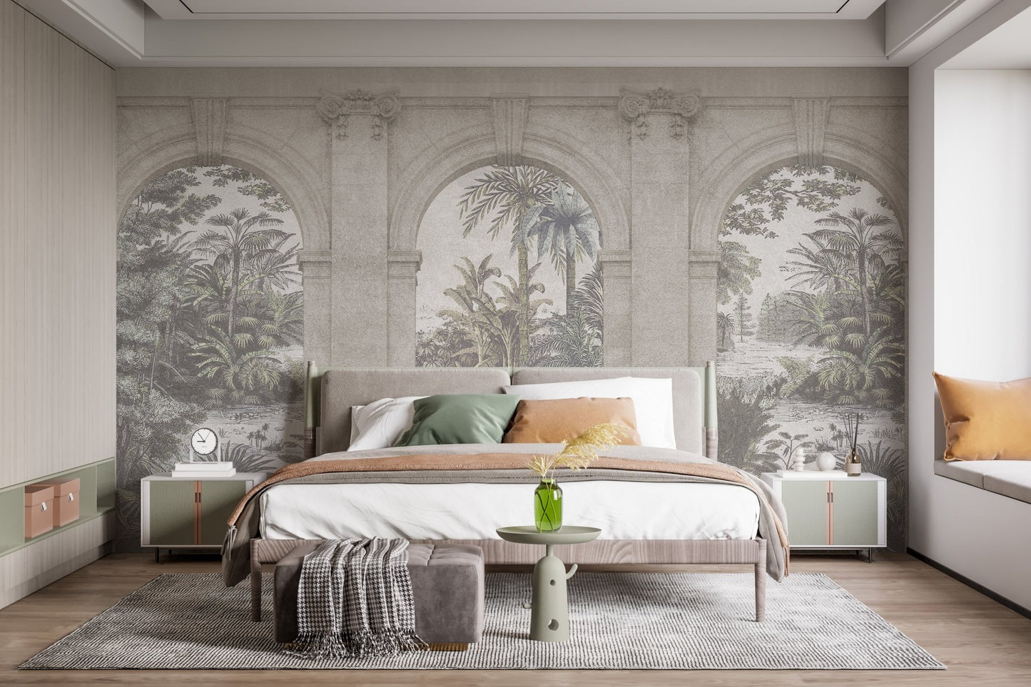 Low profile bed against a vintage structure texture wall mural in grey tones.