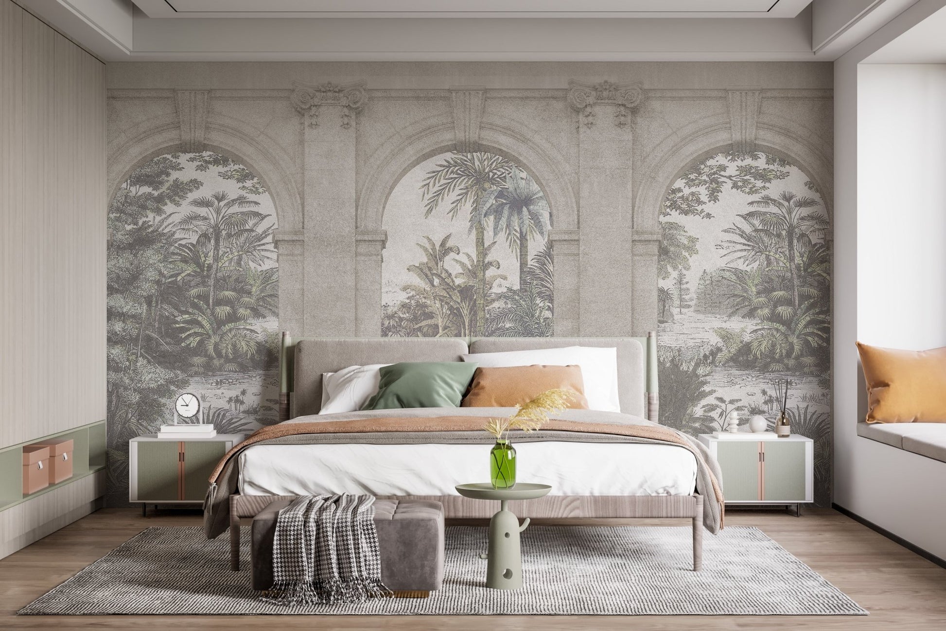 Low profile bed against a vintage structure texture wall mural in grey tones.