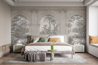 Low profile bed against a vintage structure texture wall mural in grey tones.