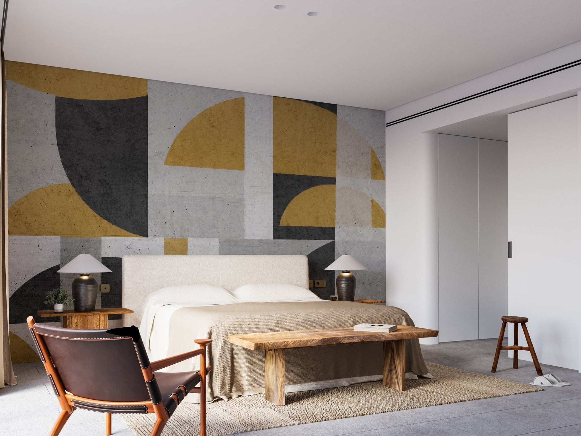 Vintage tones wallpaper mural with mustard and charcoal geometry.