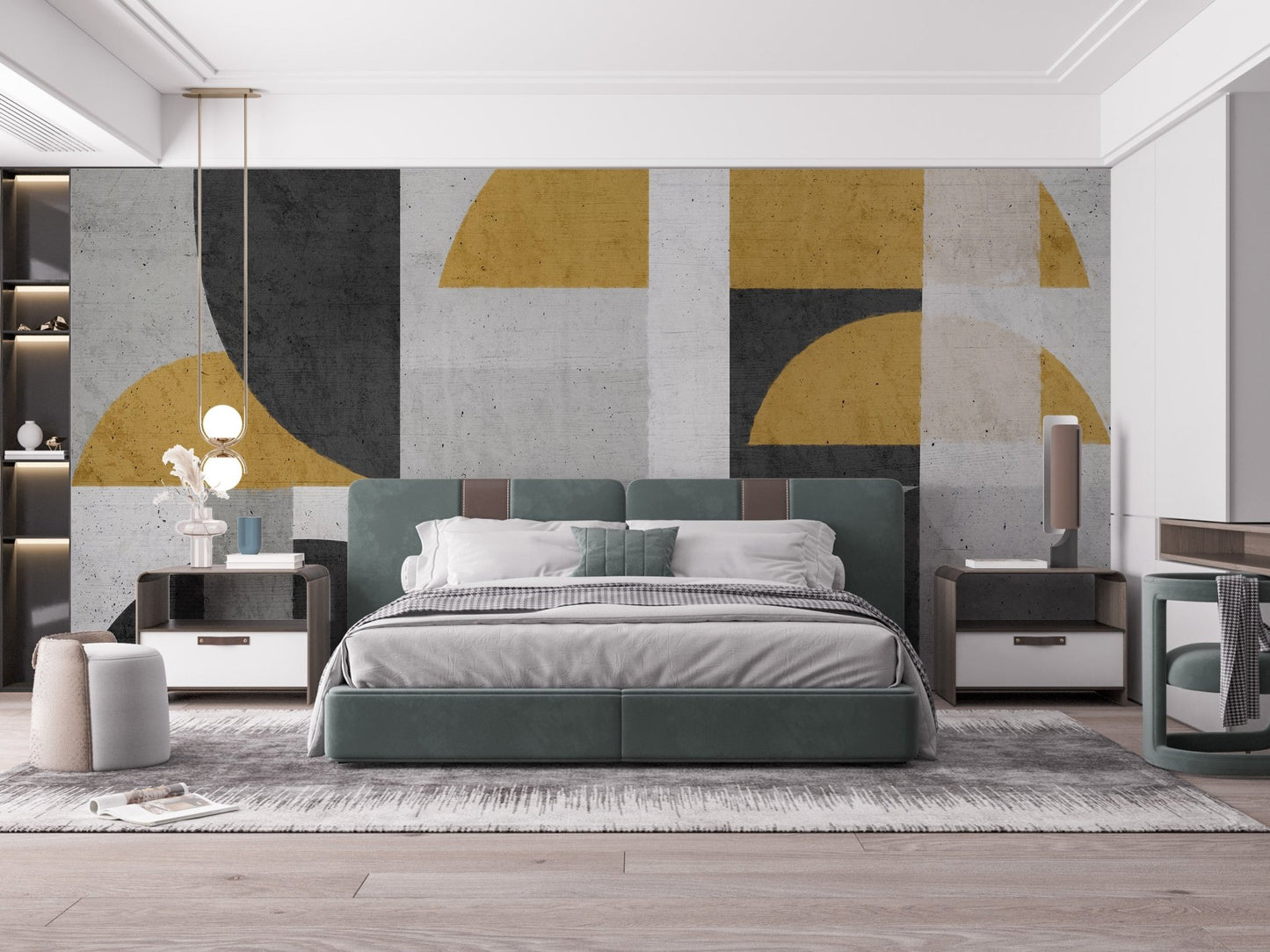 Modern vintage color block wall mural with mustard accents wallpaper.