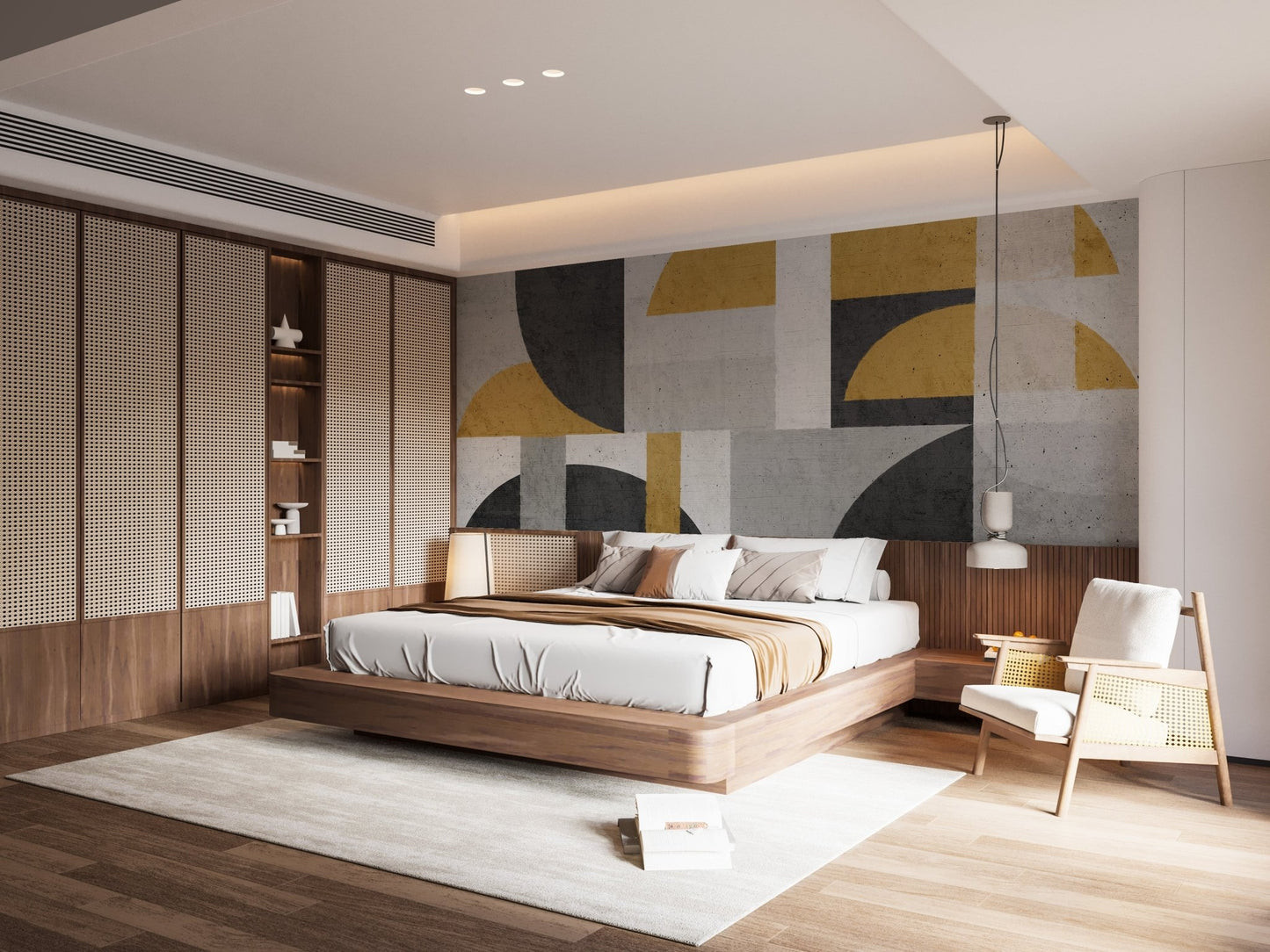 Retro inspired geometric wall mural in muted yellow wallpaper.