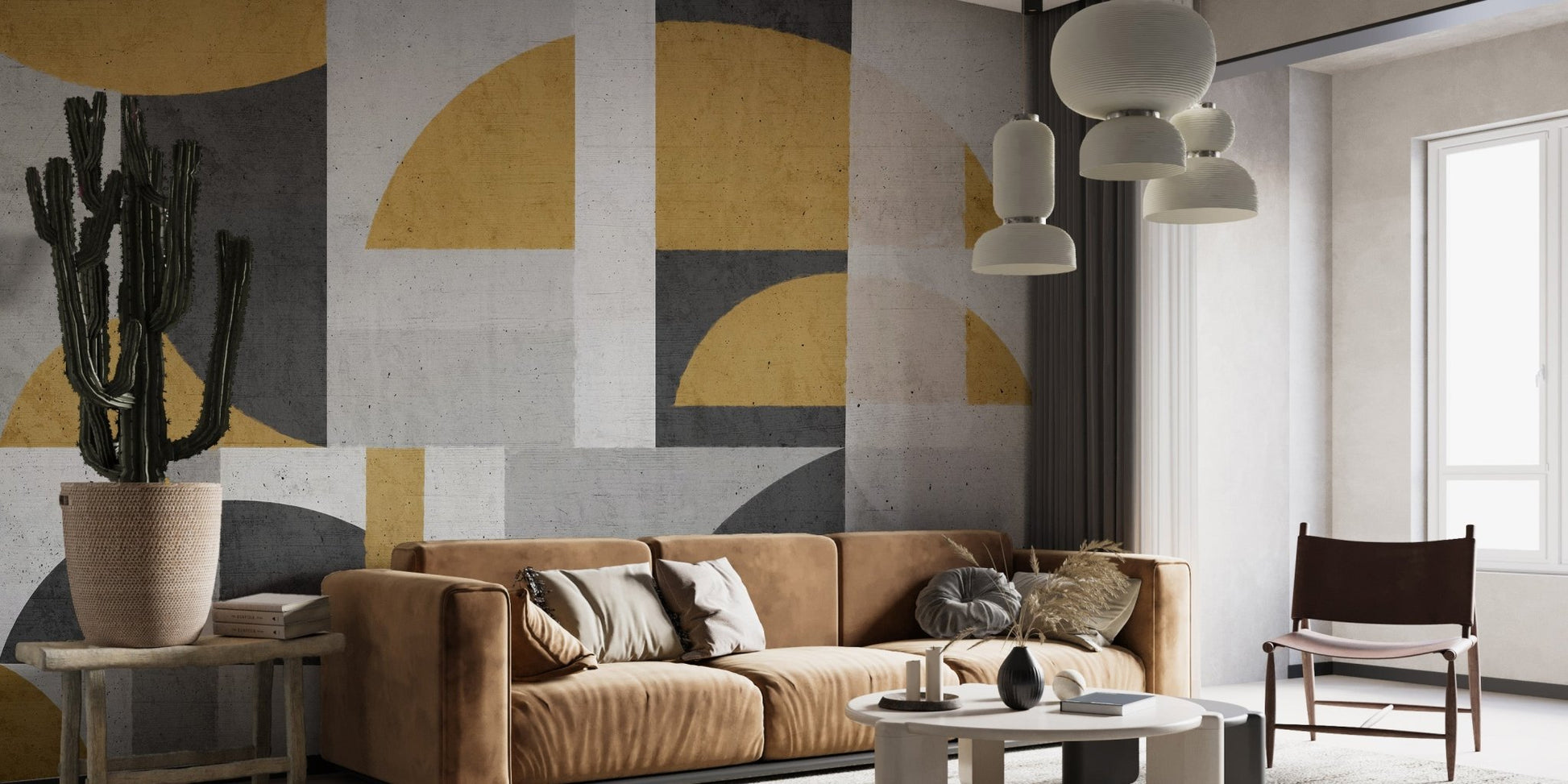 Abstract retro wall mural in warm ochre and gray wallpaper.