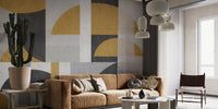 Abstract retro wall mural in warm ochre and gray wallpaper.