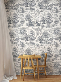 Vintage leopard wallpaper behind a small wooden dining table and chair.
