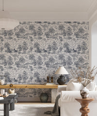 Vintage Trees and Leopard Pattern Wallpaper in a living room with a white sofa.