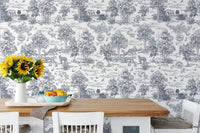 Detailed tree and leopard wallpaper in a dining area with sunflowers on the table.