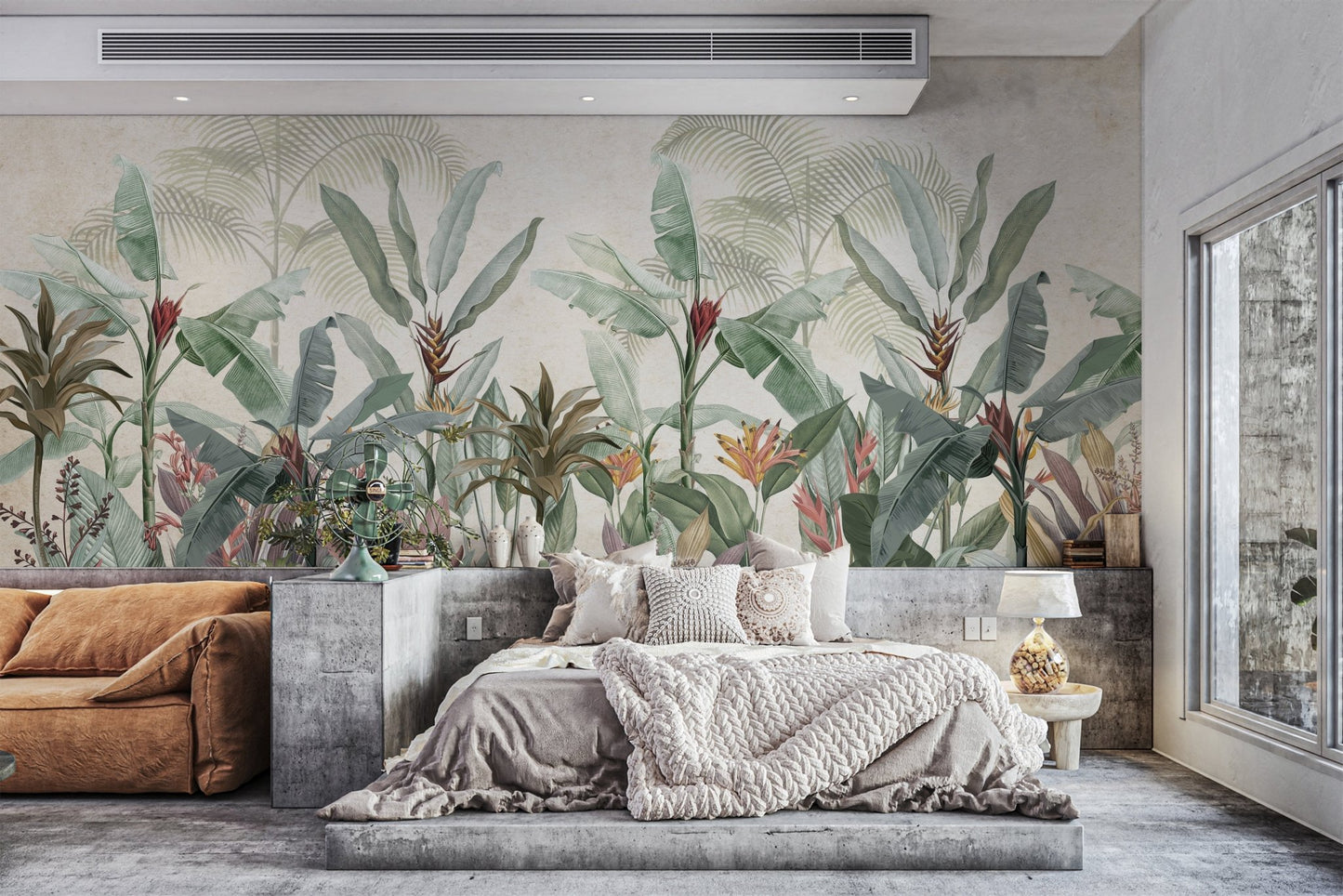 Vintage Tropical Botanical Leaf Mural for a bedroom wall.