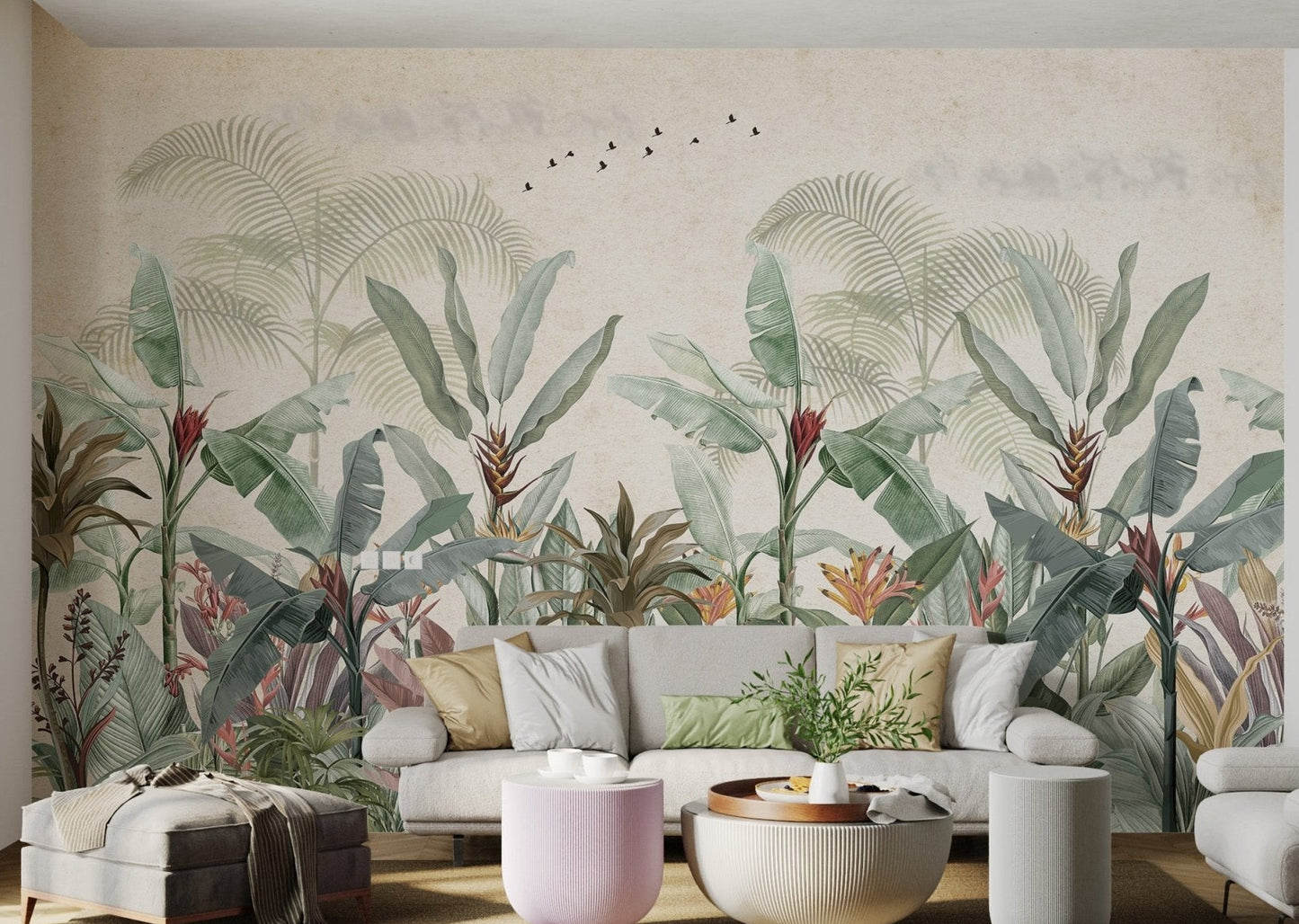 Muted green banana leaf wall mural for living room decor