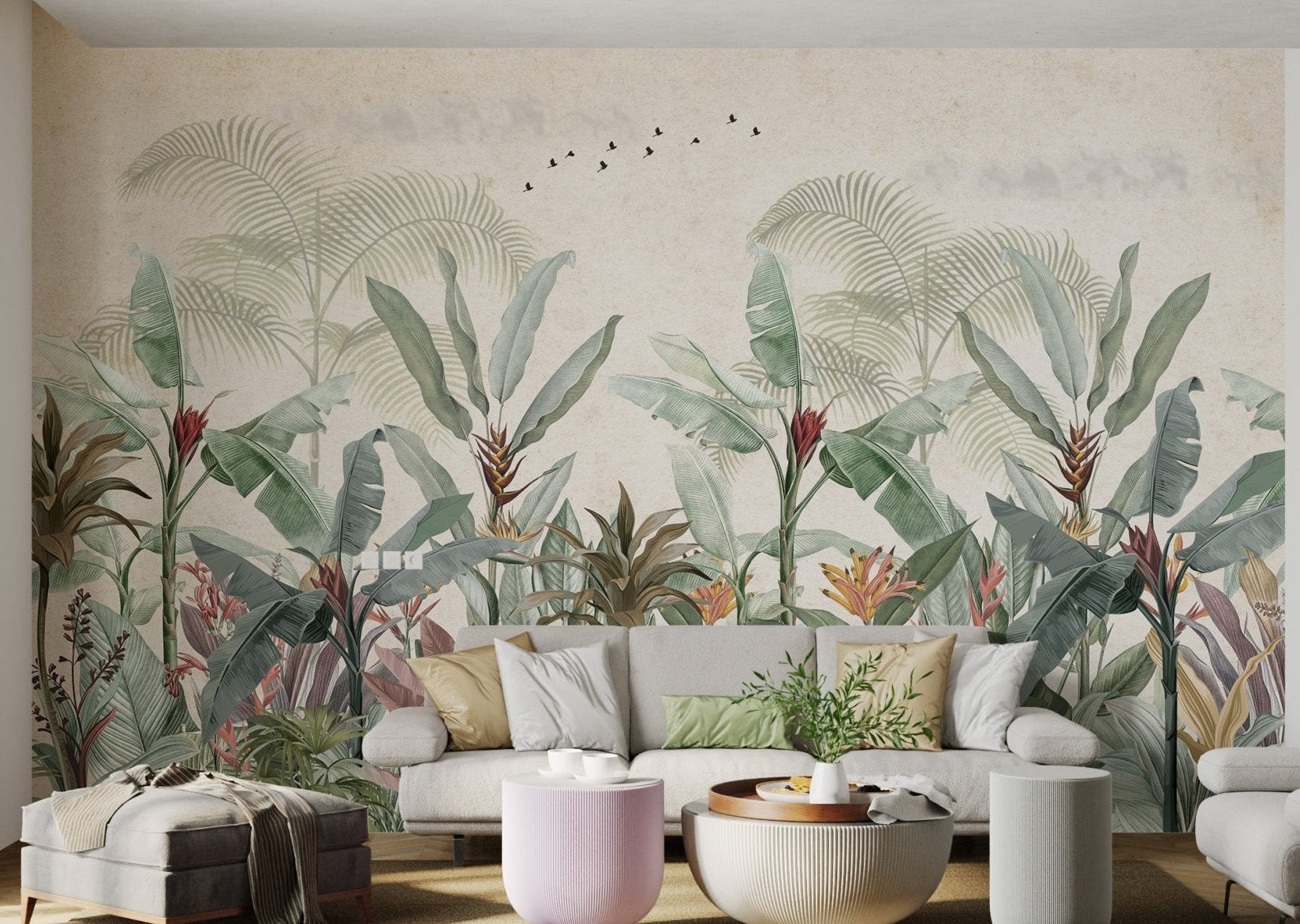 Muted green banana leaf wall mural for living room decor