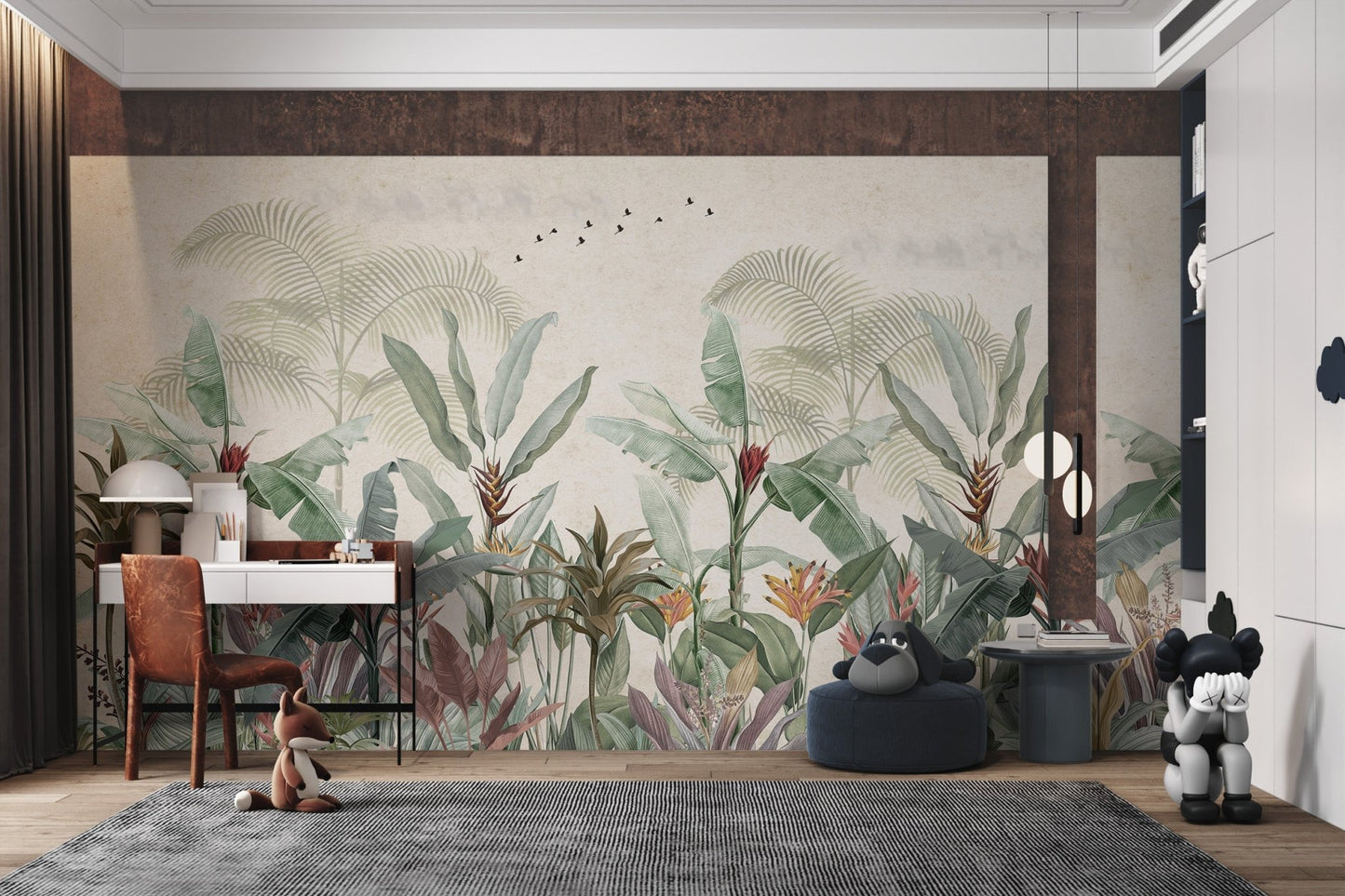 Botanical leaf wall mural in muted earth tones for study area.