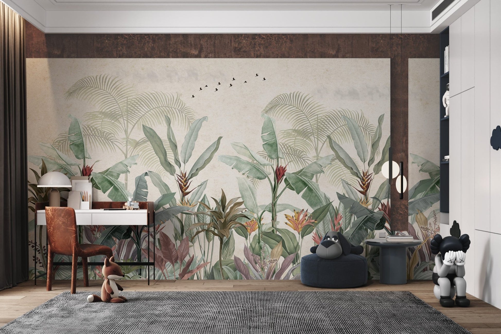 Botanical leaf wall mural in muted earth tones for study area.