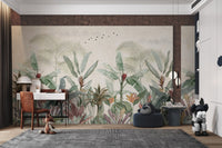 Botanical leaf wall mural in muted earth tones for study area.