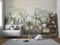 Vintage tropical wall mural featuring red exotic flowers for nursery.