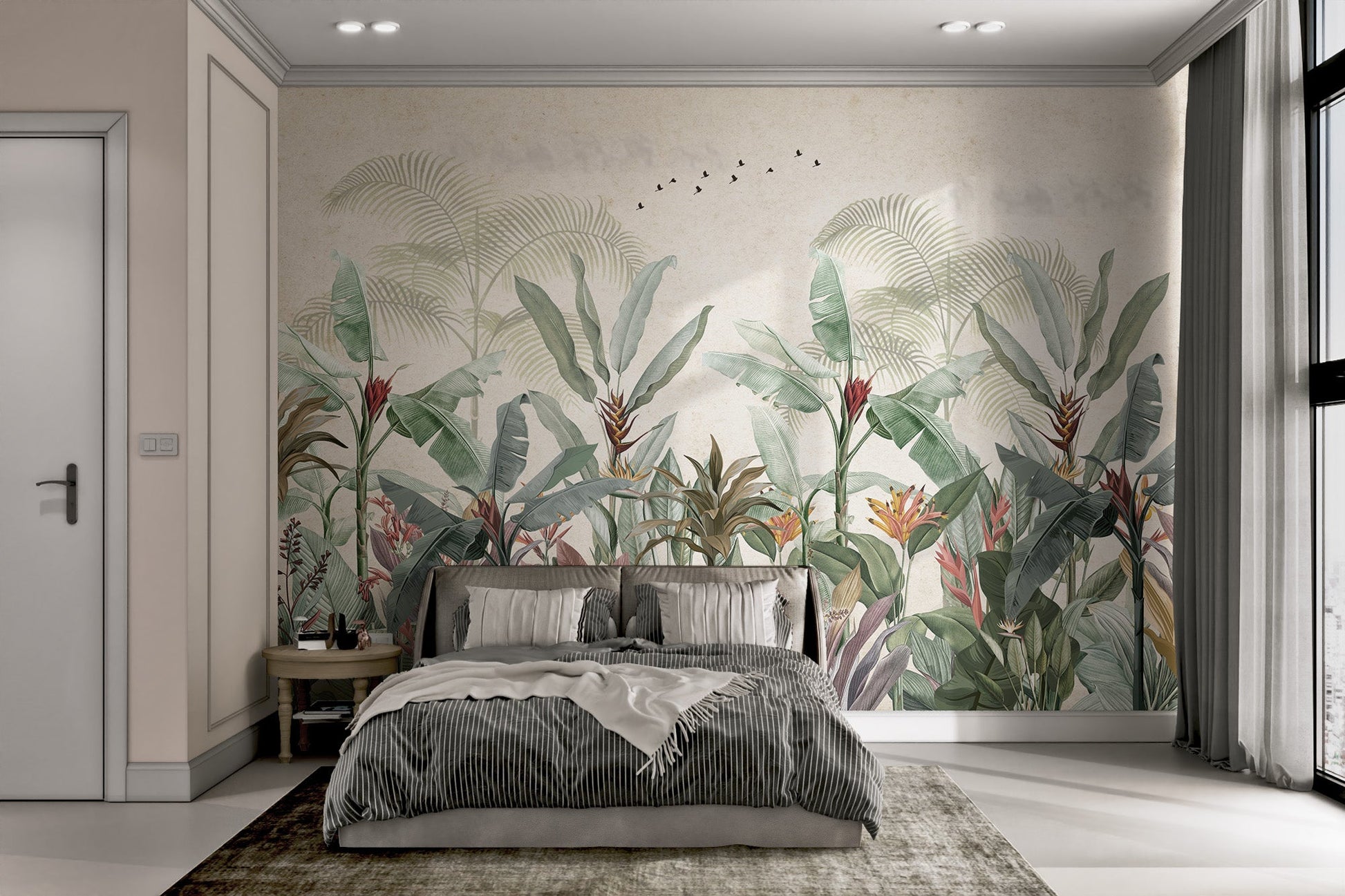 Botanical mural with red  lily and palm tree patterns. 