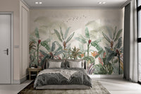 Botanical mural with red  lily and palm tree patterns. 