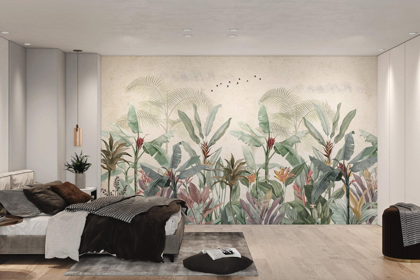 Tropical forest wall mural with botanical sketch details.