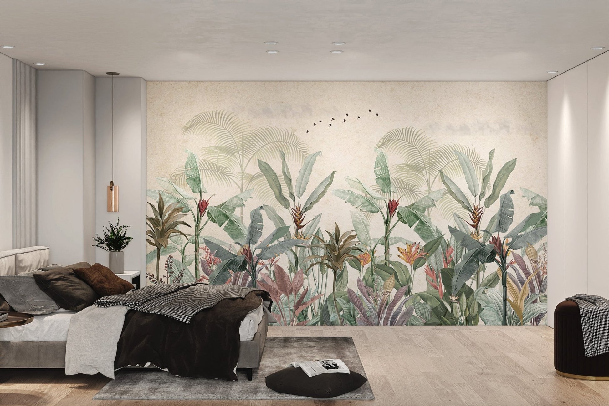 Tropical forest wall mural with botanical sketch details.