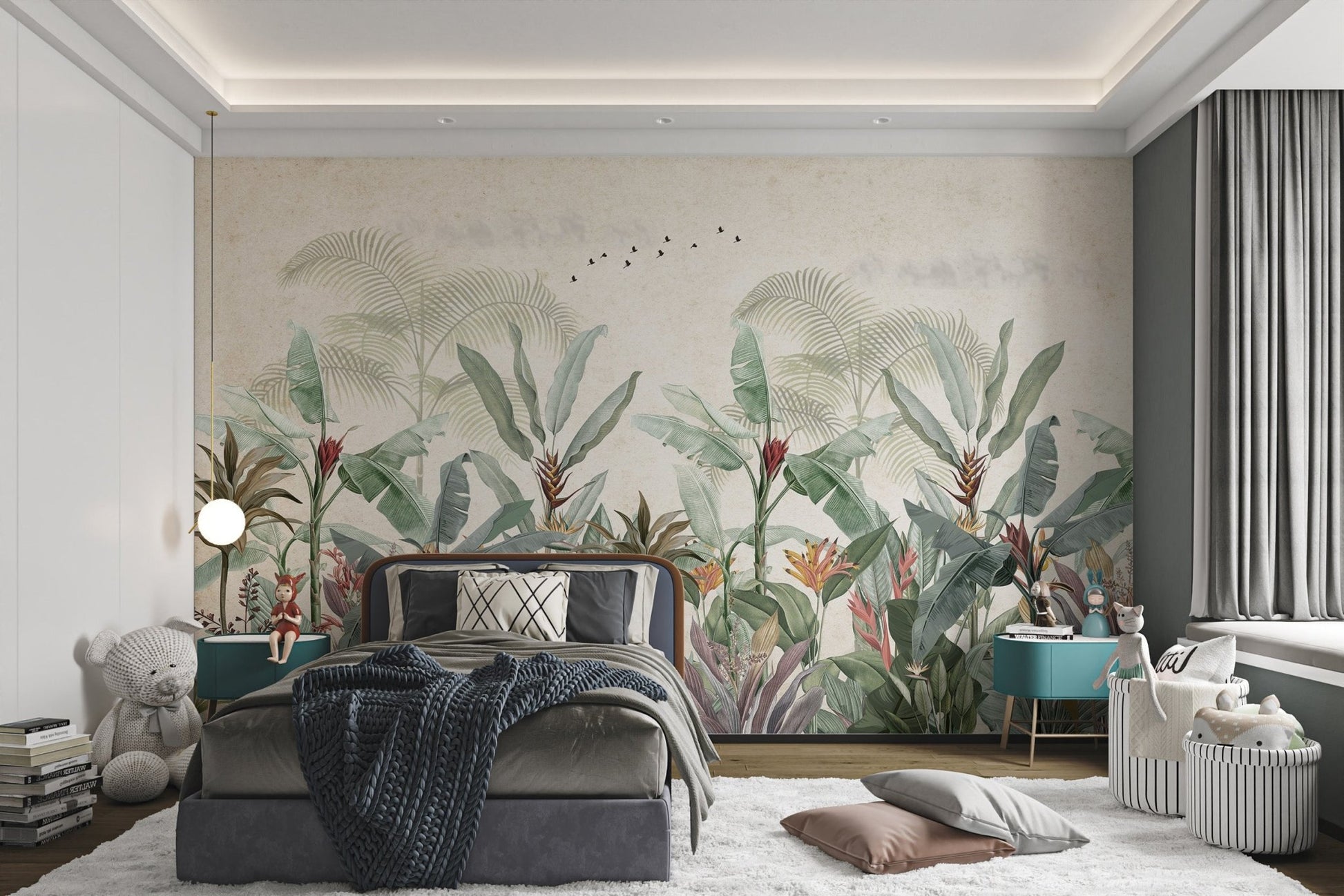 Tropical botanical wall mural with flying birds in beige tone for kids bedroom.