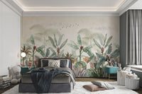 Tropical botanical wall mural with flying birds in beige tone for kids bedroom.