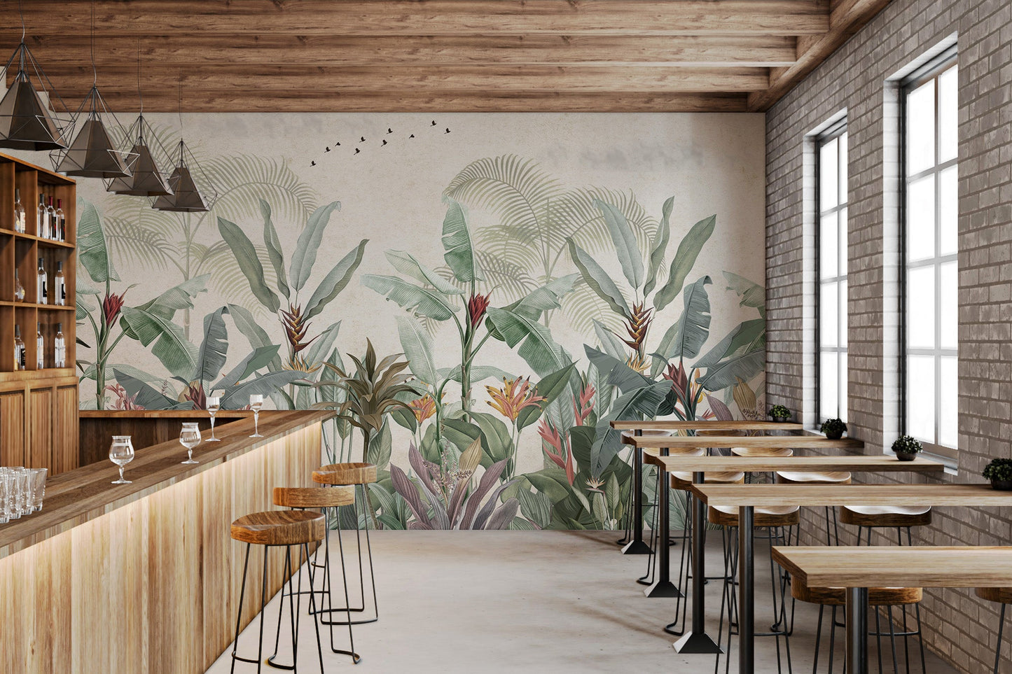 Tropical palm and banana leaf wall mural for bar dining areas.