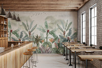 Tropical palm and banana leaf wall mural for bar dining areas.