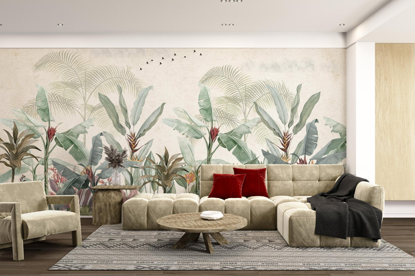 Beige background botanical wall mural with green foliage.