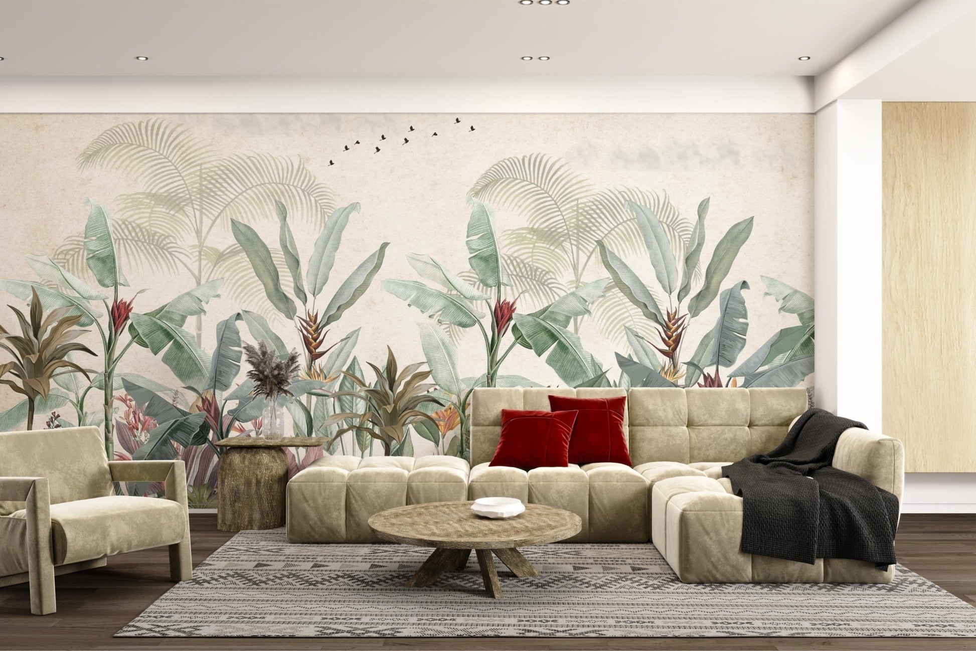 Beige background botanical wall mural with green foliage.
