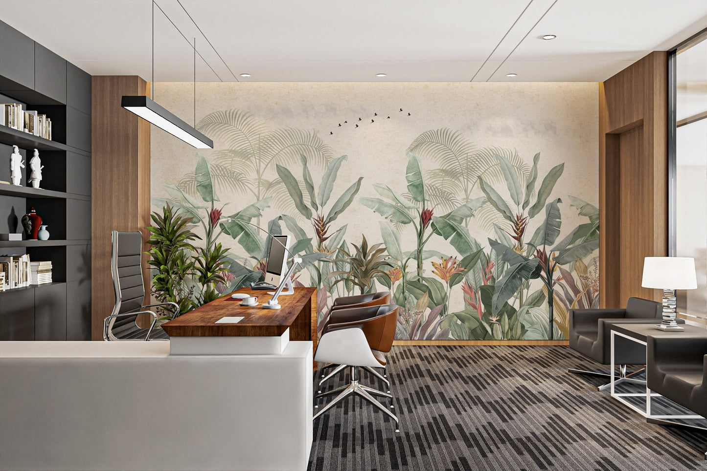 Vintage style leaf wall mural for a focal office feature interior.
