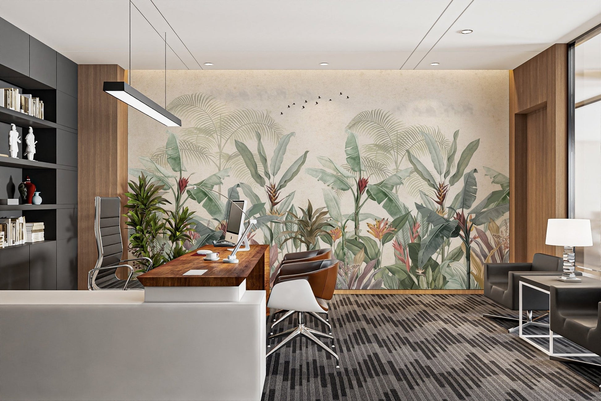 Vintage style leaf wall mural for a focal office feature interior.