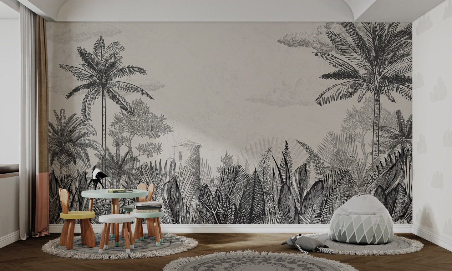Monochrome botanical illustration wall mural for an nursery.