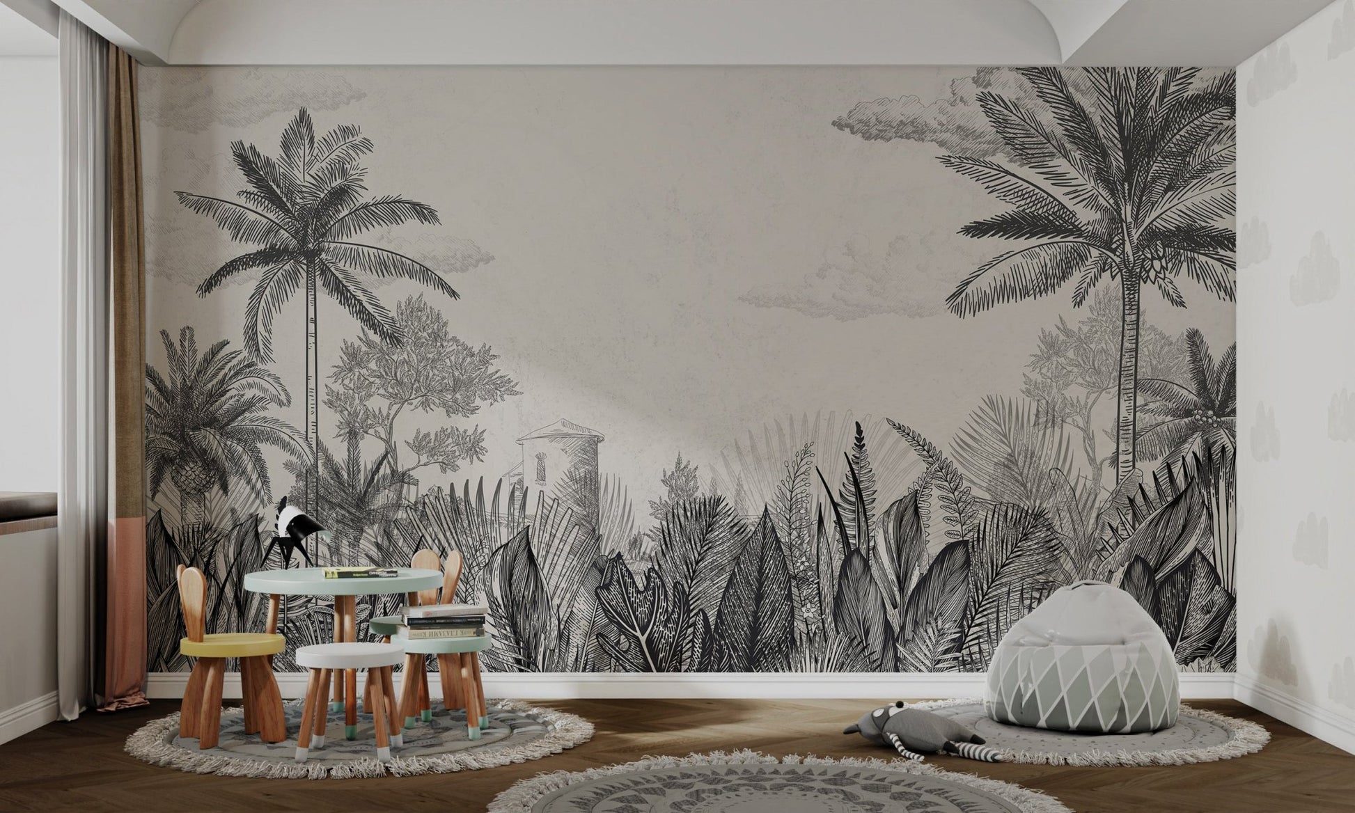 Monochrome botanical illustration wall mural for an nursery.