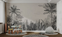 Monochrome botanical illustration wall mural for an nursery.