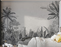 Black and white tropical sketch wall mural for a bedroom feature interior.