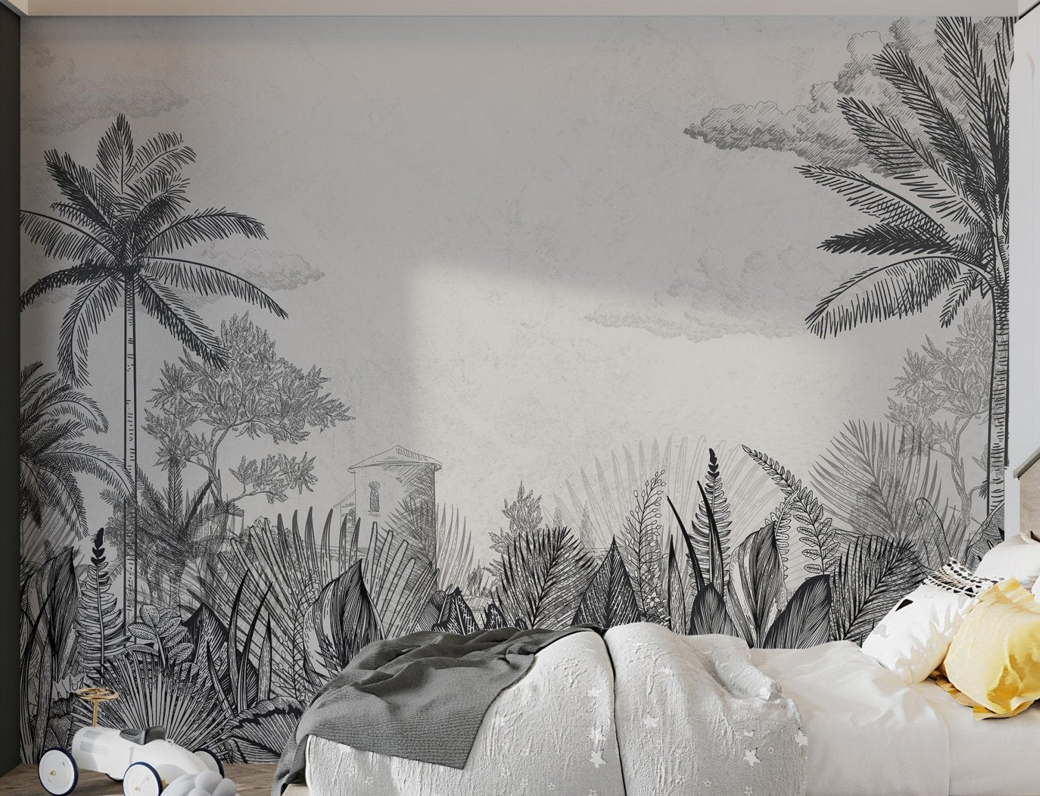 Black and white tropical sketch wall mural for a bedroom feature interior.