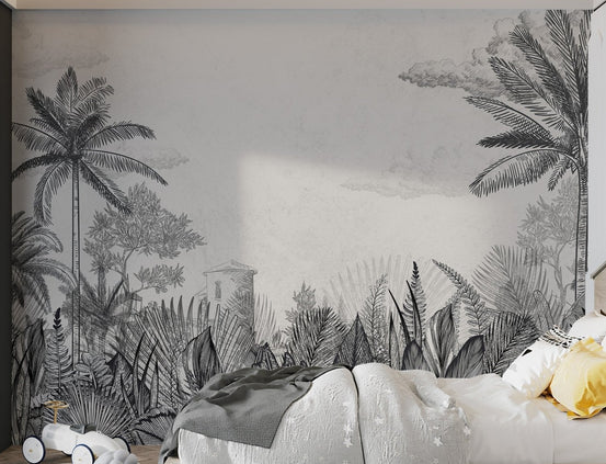 Black and white tropical sketch wall mural for a bedroom feature interior.
