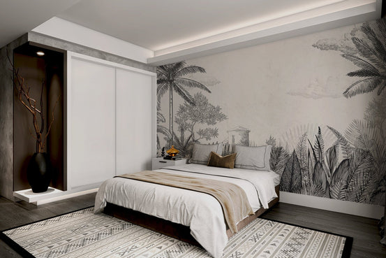 Hand-drawn botanical wall mural for a guest room interior.