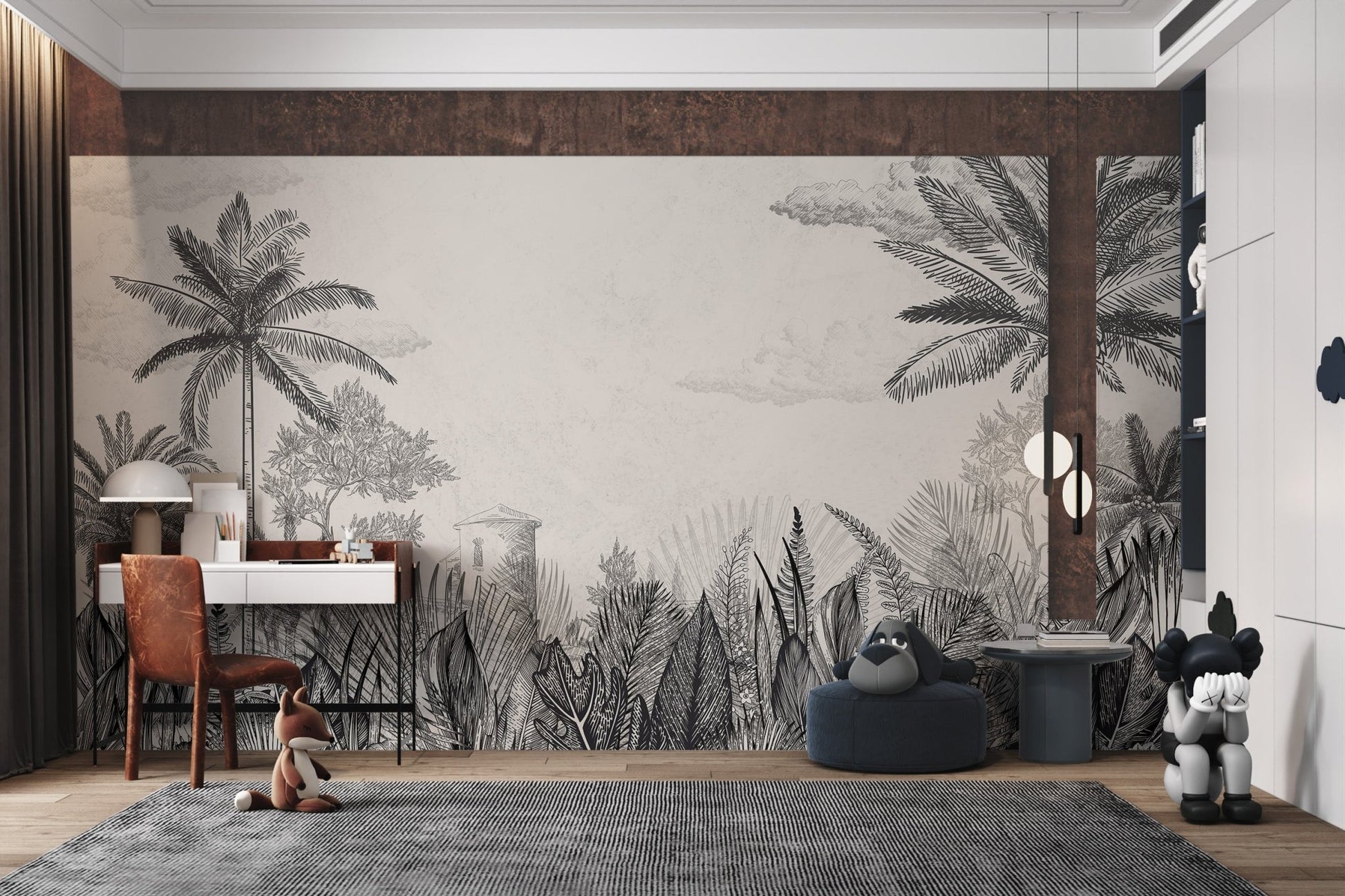 Vintage Tropical Botanical Monochrome Mural for a study area.
